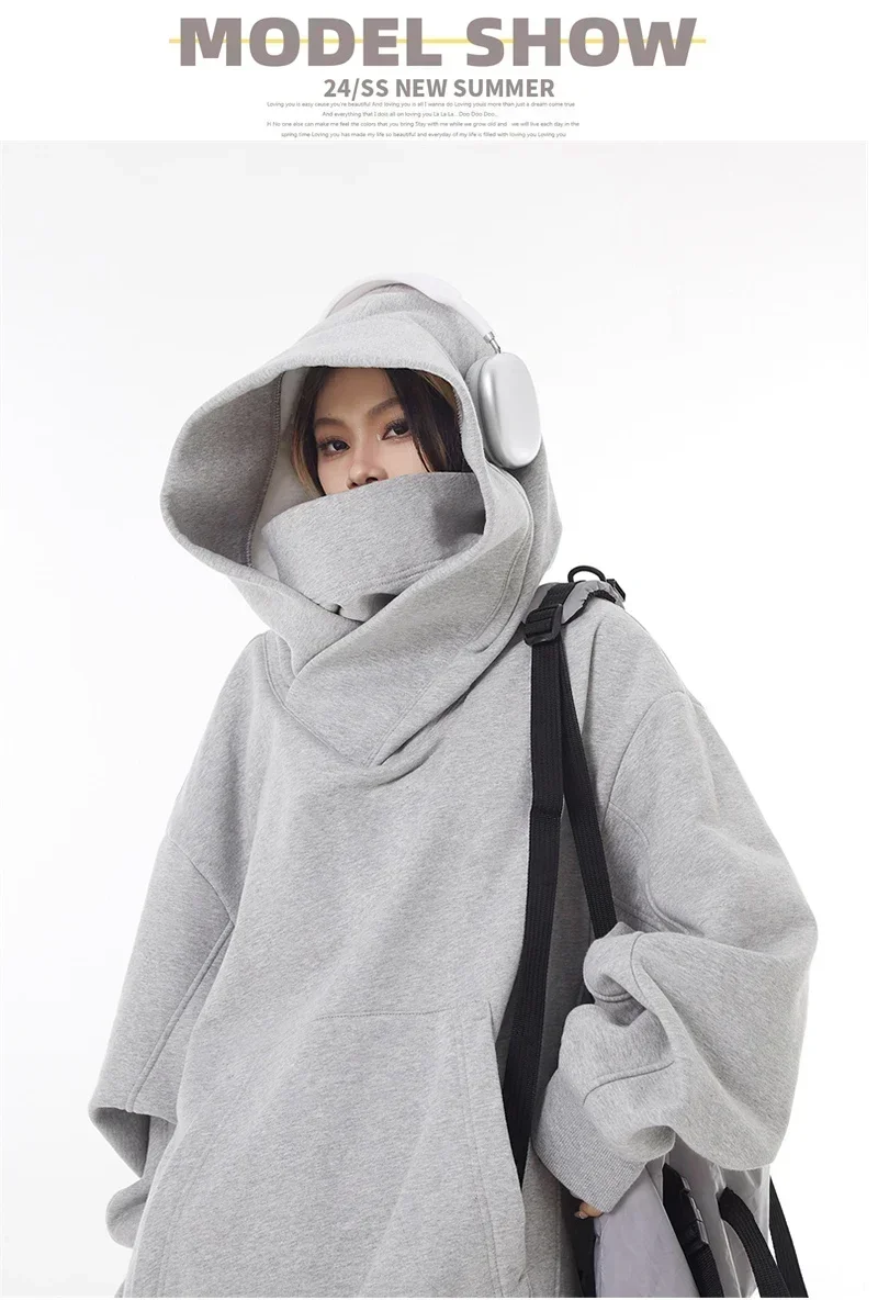Herren Einfarbiger Ninja-Hoodie, Vintage Fleece-Gefütterter Sweatshirt, Japanischer Hip-Hop Streetwear Oversized Großer Kapuzenpullover – Detail 4