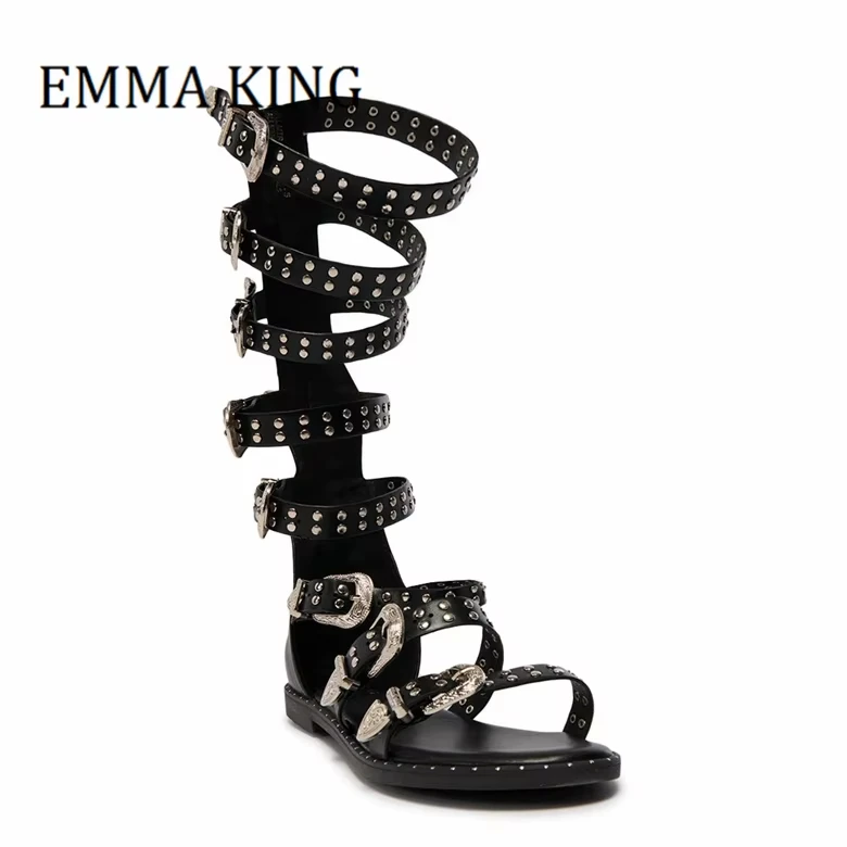 النساء الفضة مشبك المصارع صندل مثير المفتوحة تو التوى حزام منتصف العجل روما الصنادل الصيف الإناث الشاطئ أحذية مسطحة 35-44 #3