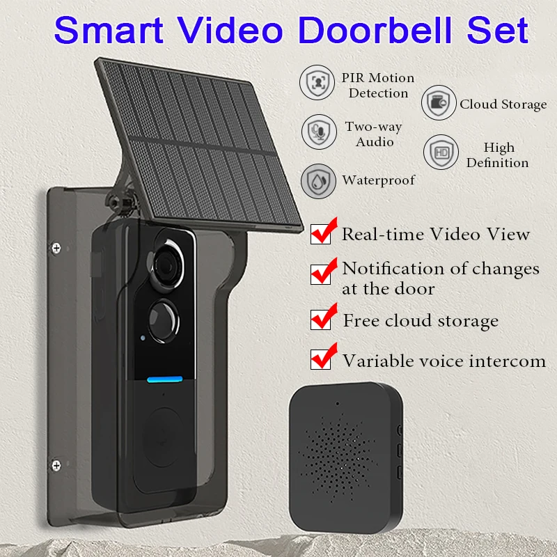 

Tuya Wireless Doorbell Solar Cover 1080P Video Intercom 2-way Audio Wide-Angle HD Motion Detection Night Vision Monitoring Bell