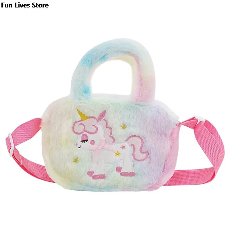 Bolso cruzado de felpa con diseño de unicornio, bolsa de hombro con diseño de dibujos animados, con cinturón de felpa de arcoíris, con bordado de animales, de piel encantadora