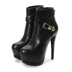 Botas cortas de plataforma con hebilla de cinturón de Metal para mujer, zapatos de tacón alto de cuero suave de felpa cálida, zapatos de fiesta de trabajo para mujer, negro, nuevo, Invierno