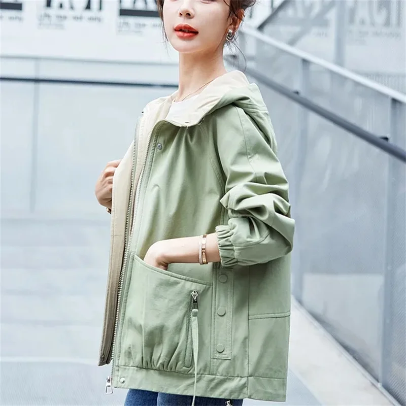 

Women Hooded Coat Female's Spring Autumn 2023 New Casual Workwear Versatile Trench Fashion Short Jacket With Lining Jackets Blac