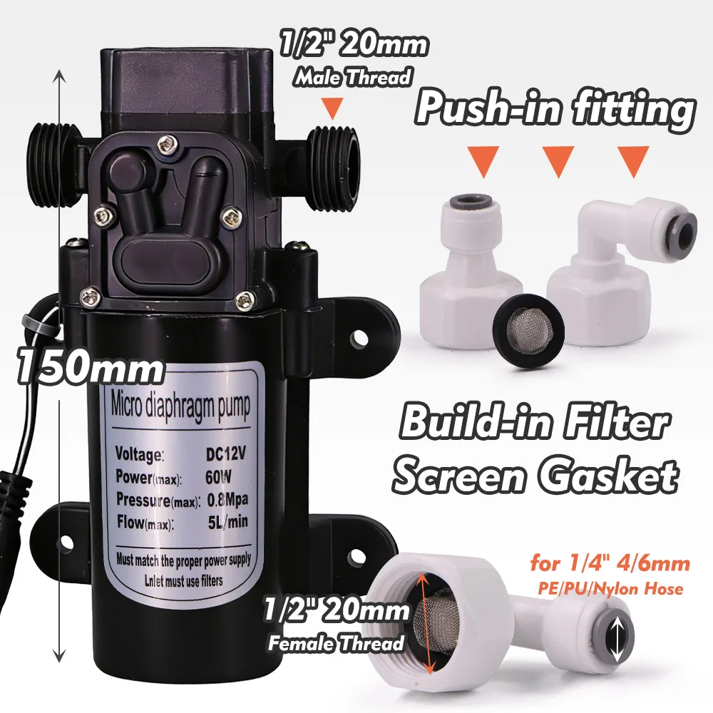 60W Diaphragm Self-Priming Pump W/ 110-240V Power Supply 1/4' Filter Hose Kit Garden Spray Irrigation Misting Cool Watering Pump