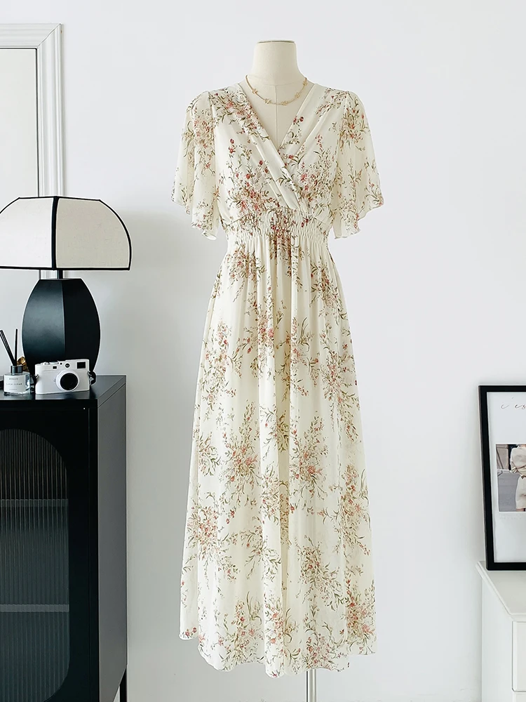 Summer Maxi Dresses for Women 2026 Casual Short Sleeve Floral Print V-Neck  Chiffon Bohe Beach Party Long Dress Mujer Vestidos