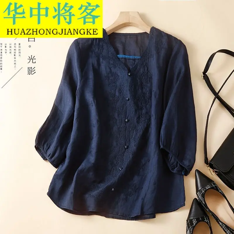 تي شيرت بأكمام سبعة أرباع فضفاض مناسب للتخسيس للأمهات في منتصف العمر ورقبة على شكل حرف v ملابس صيفية بلوفر رفيع