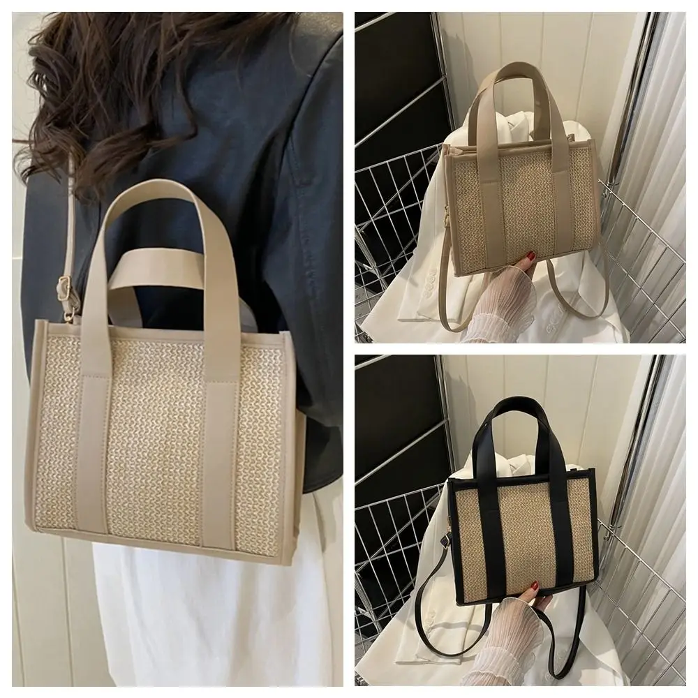 Large Capacity Knitted Handheld Straw Woven Tote Bag Simple Single Shoulder Bag Fashion Crossbody Pouch Travel Beach Handbag