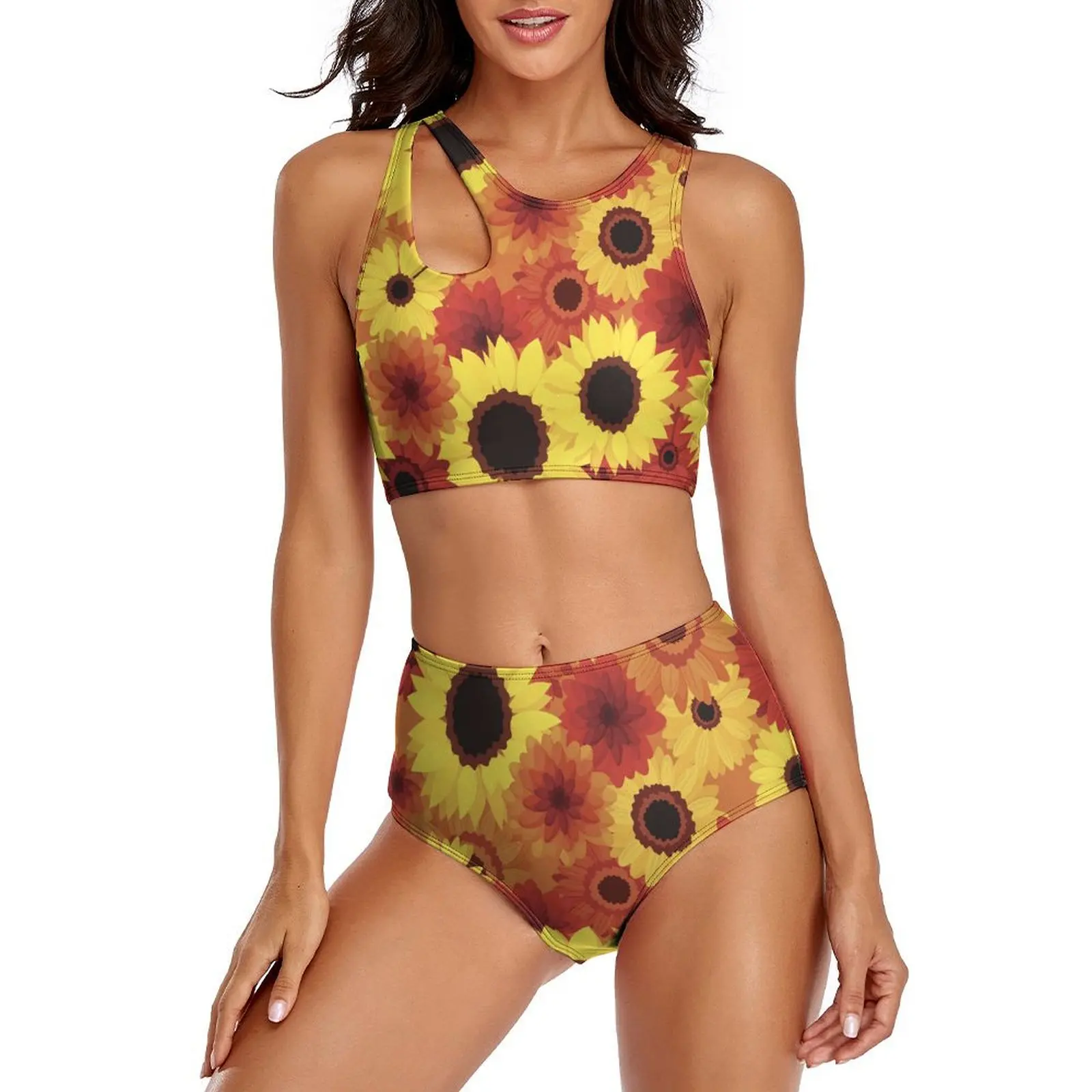 Sexy Red Yellow Sunflower Bikini Set Women Colorful Flowers Modern Bikini Swimsuit High Waisted Swimwear Oversize Beach Outfits