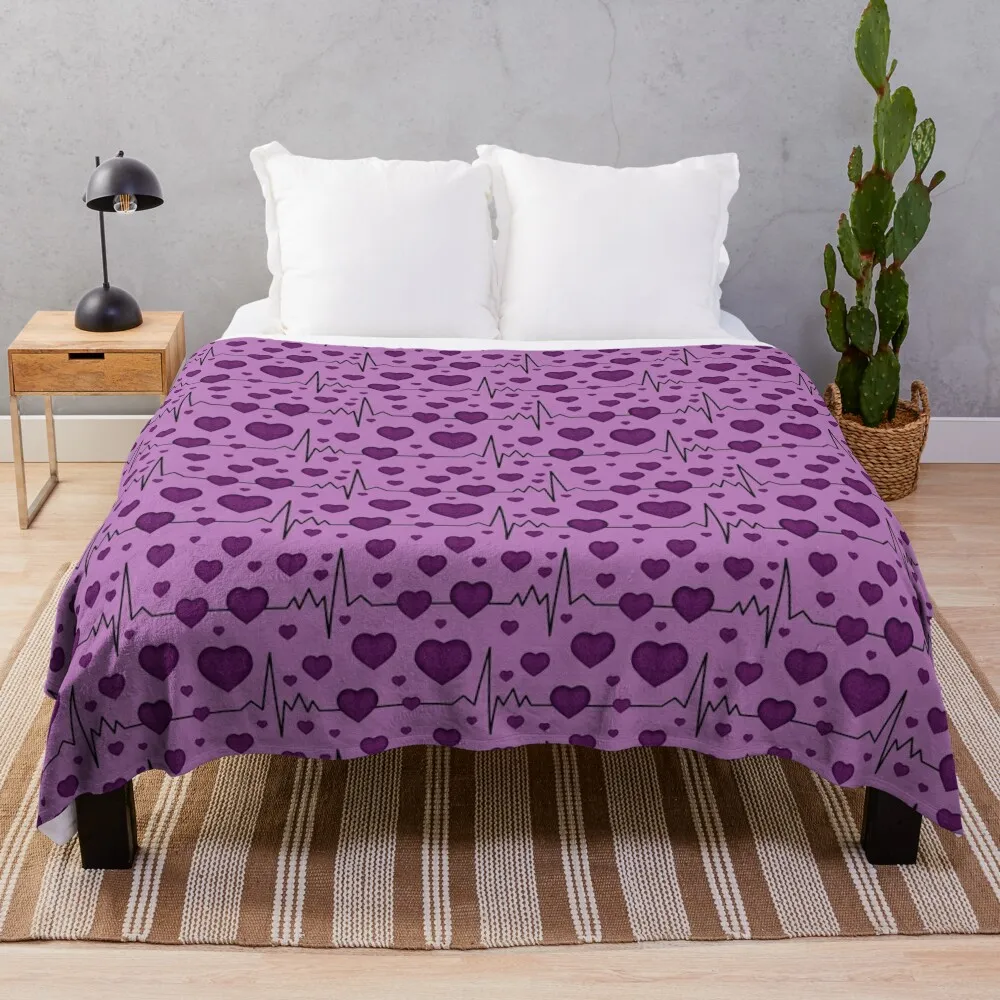 Pattern of cardiograms with an lilac hearts Throw Blanket Decoratives Soft Big Heavy Blankets