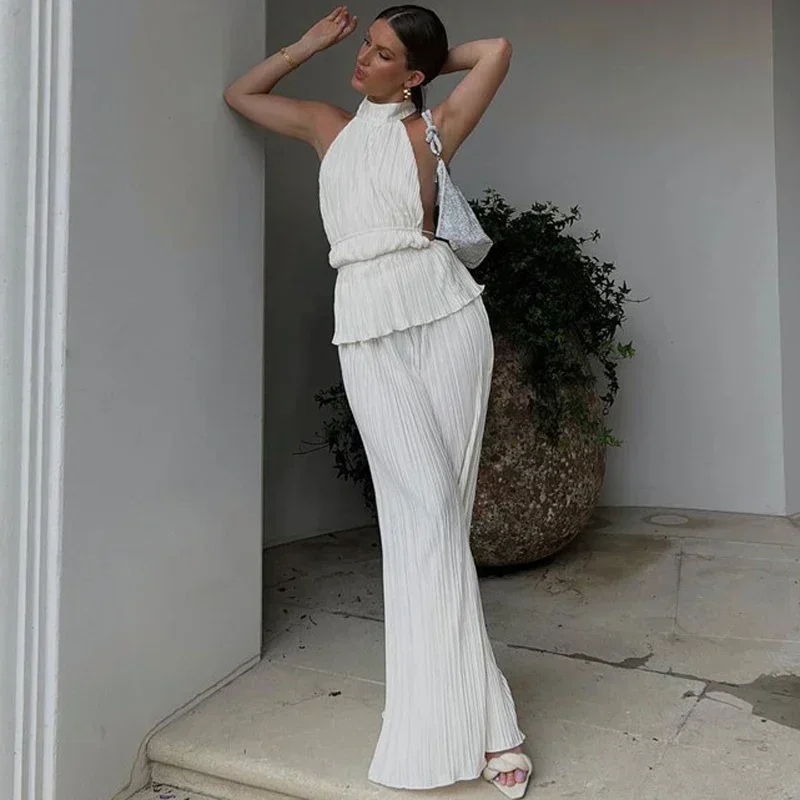 

Home Clothes Sexy Backless Tank Top Set Woman 2 Piece Summer Pleated Trouser Suits Female Elegant High Waist Wide Pants Set