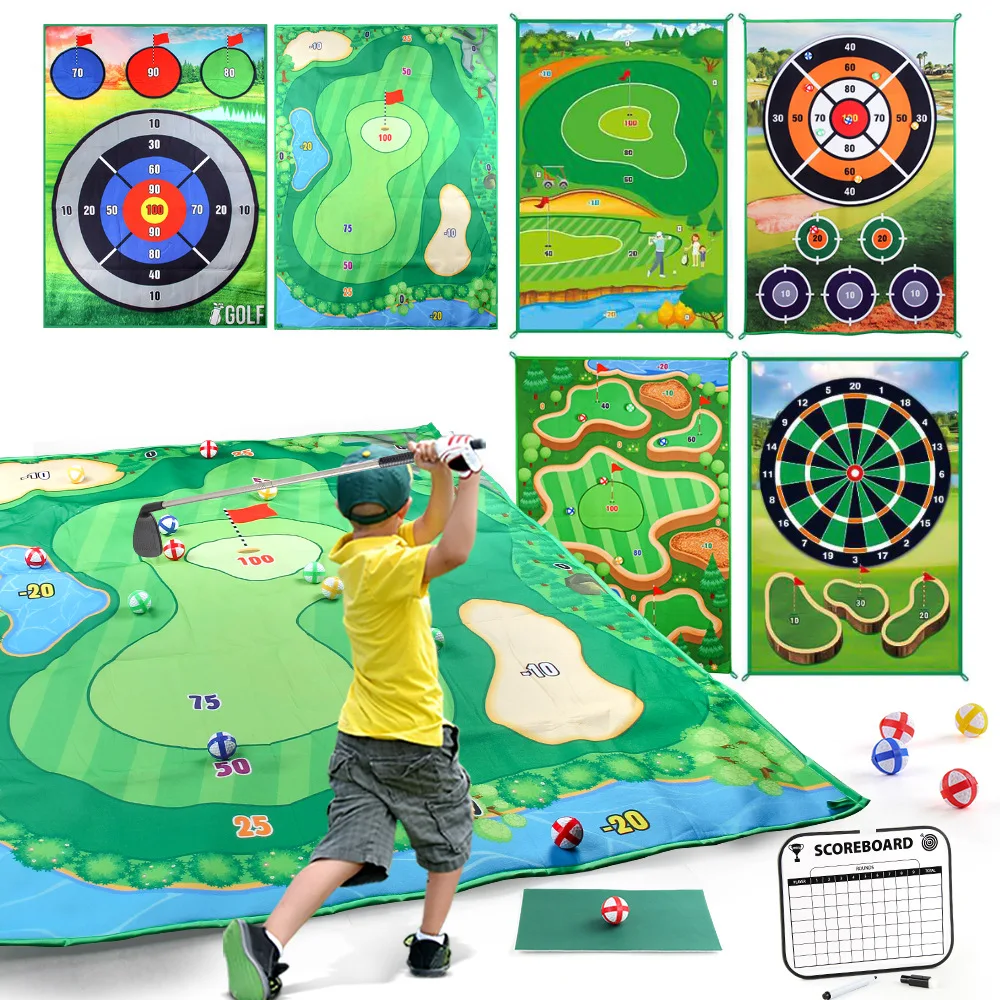 

Kids Golf Chipping Game Mat Set Golf Play Mat / Club Set Outdoor Stick Chip Golf Game Set Dart Target Mat Golf Club Sticky Ball