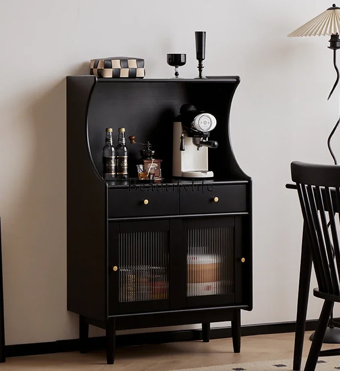 Solid Wood Sideboard Modern Minimalist Living Room Side Cabinet Kitchen Wall Locker Wine Cabinet Black