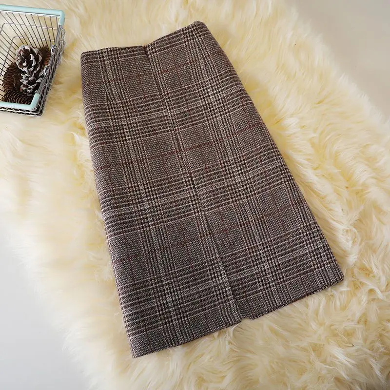 Women's Plaid Wool Midi Skirt Back Slit Bodycon Pencil Skirt Winter Trendy Office Falda Holiday Skirt Ruffled Hem A-line Corset