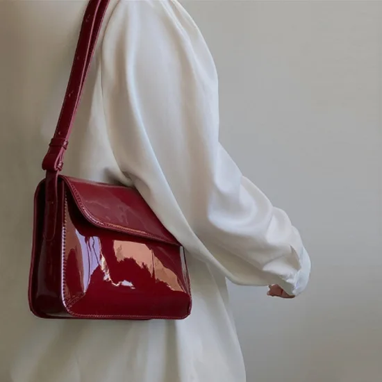 Retro Red Lacquer Leather Small Square Bag Underarm Bag New Fashion Versatile Square Handheld Shoulder Bag Crossbody Bag