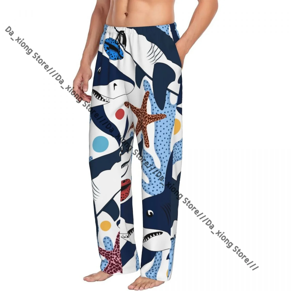 

Men's Sleepwear Loose Sleep Pants Pajamas Sharks Shells Starfishes Corals Sea Pattern Long Lounge Bottoms Casual Homewear