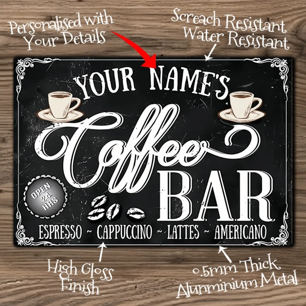 Custom Personalized Coffee Bar Cafe Metal Sign Retro Wall Art Decoration Only Custom Text Name 8x12 Inch Aluminum Sign