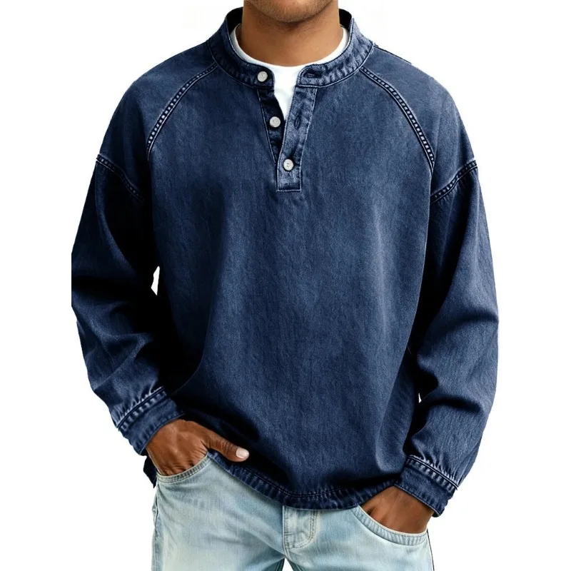 Men's Raglan Long Sleeve Henley Shirt Washed Denim Look Button Placket Stand Collar Pullover Casual Loose Fit Fall Top