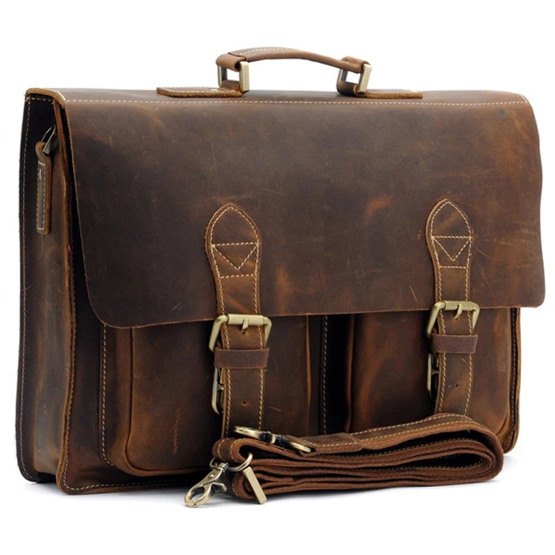 Vintage Cowhide Genuine Leather Briefcase Men 14\