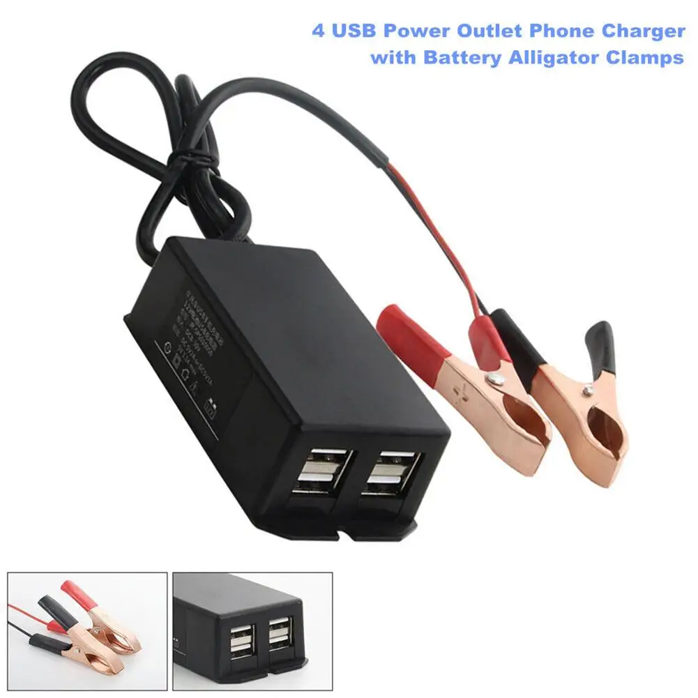 12/24V DC Power Adapter With Battery Clip Vehicle USB Charger For Cellphone 4 USB Ports Power Outlet Phone Charger With Clamps