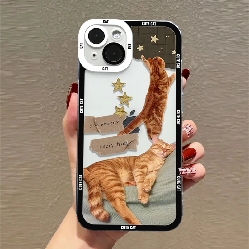 Cute Funny Cat Dog Sticker Soft Clear Case For iPhone 16 15 14 13 12 11 Pro Max XS X XR SE 2020 7 8 14 15 Plus Shockproof Cover