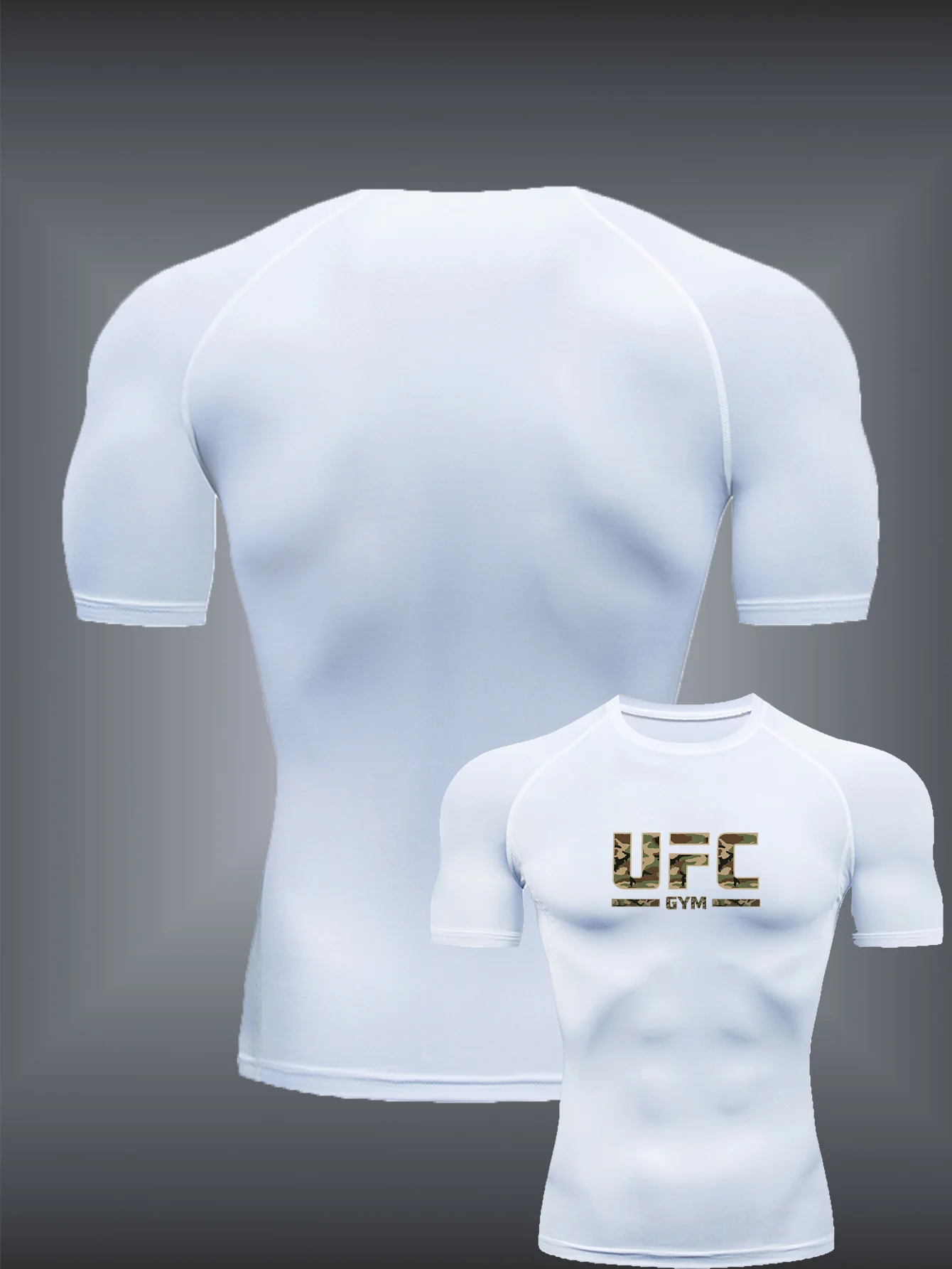 UFC GYM Men's New Summer Quick-Dry Short-Sleeve Compression Training T-Shirt – Camo-Style Lettering Print