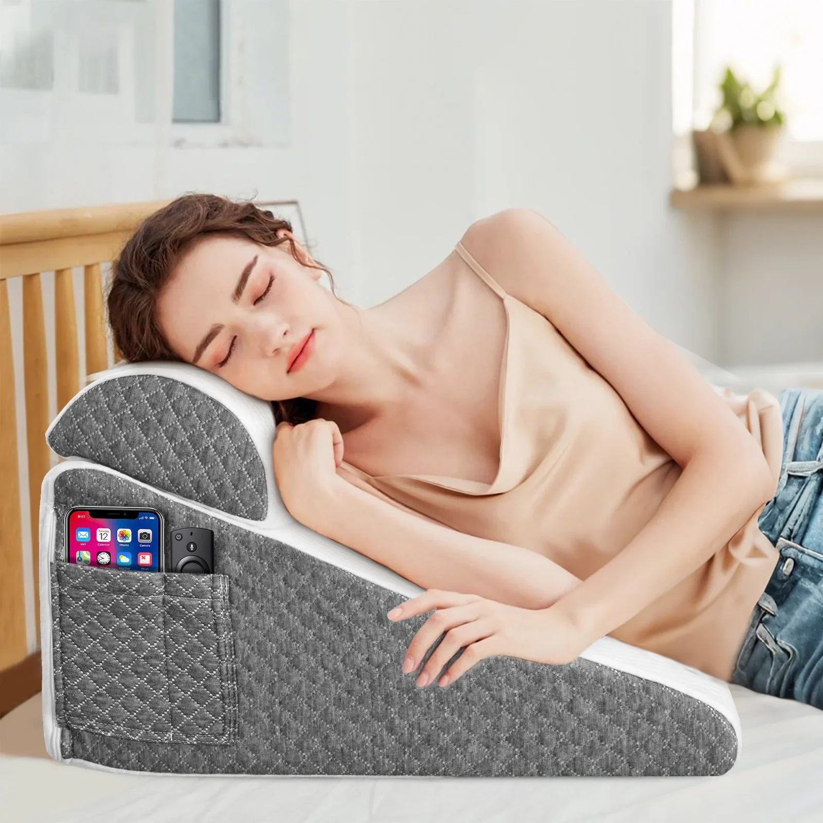 Bed Wedge Pillow for Sleeping Soft Memory Foam Top, Triangle Pillow Wedge Body Positioners for Leg Elevation Snoring Relief