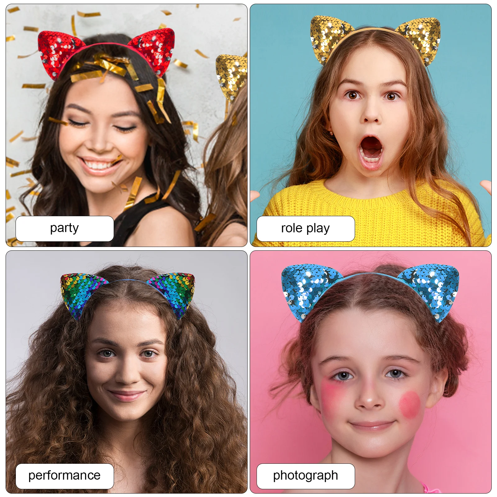 

12pcs Cat Ear Headband Various Colors Sparkling Sequins Lightweight Women Cosplay Daily Wear Hair Accessories