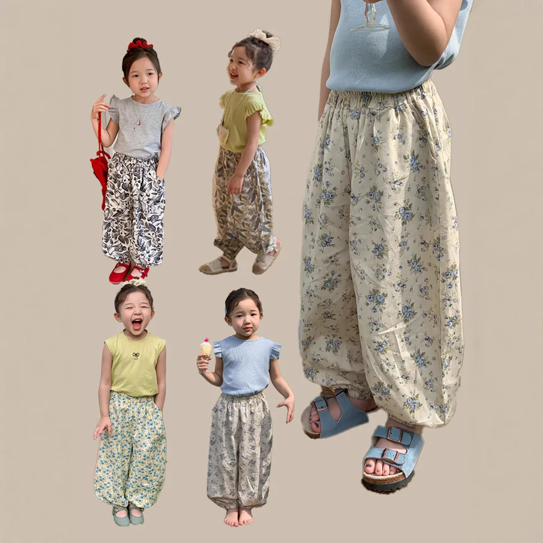 

2023 летние детские повседневные штаны для девочек с цветочным принтом, тонкие детские штаны-фонарики для маленьких девочек, мягкие свободные штаны для маленьких девочек, штаны в полоску