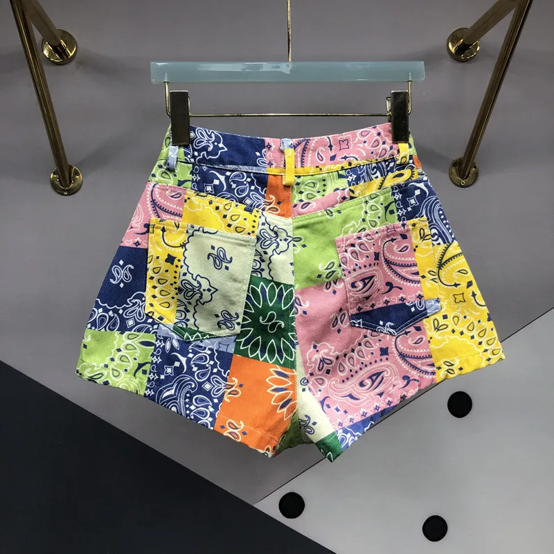 Streetwear Irregular Print Denim Shorts Women's 2025 Summer New Versatile High Waist Thin A Line Wide Leg Shorts Female Culottes