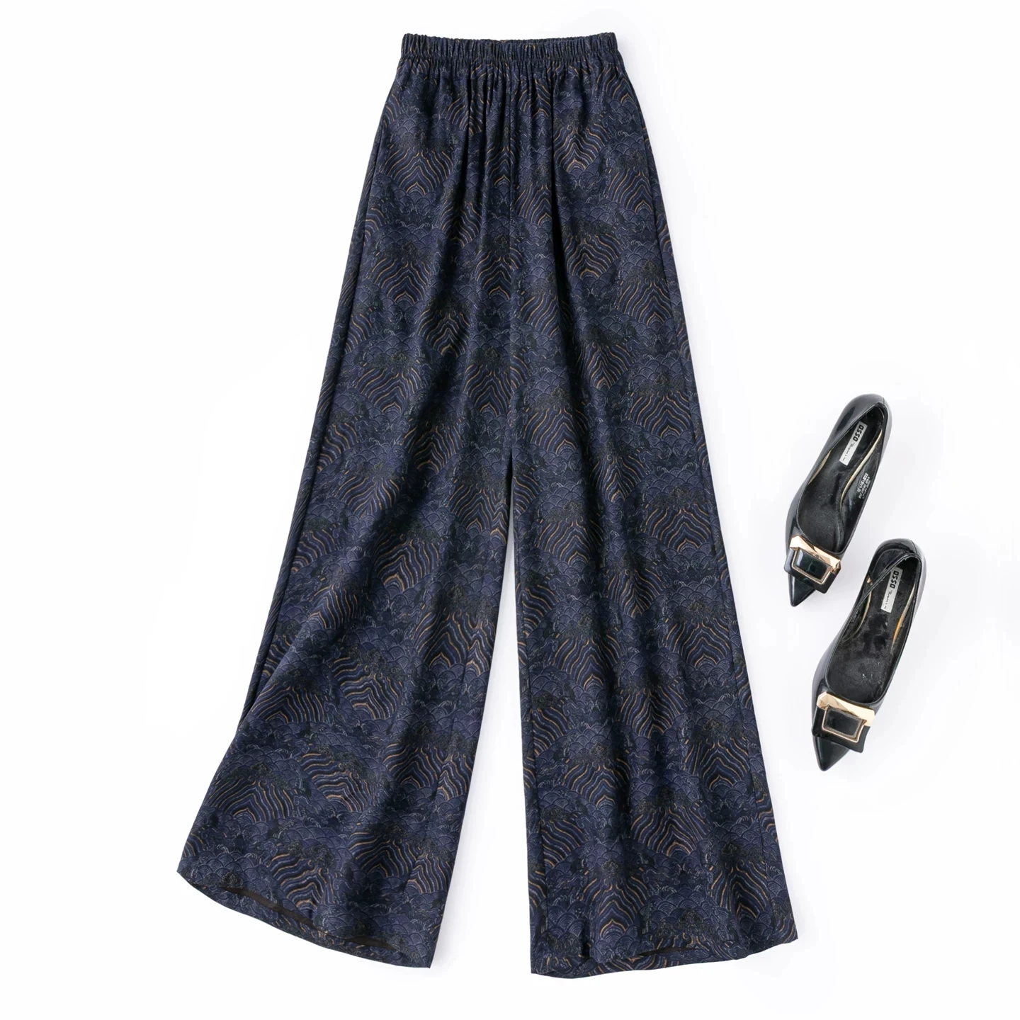 BirdTree-35MM 100%Spun Silk Watered Gauze Elegant Pants, Elastic Waist Wave Patterns, Women Straight Pants, 2026 Fall B69828CC