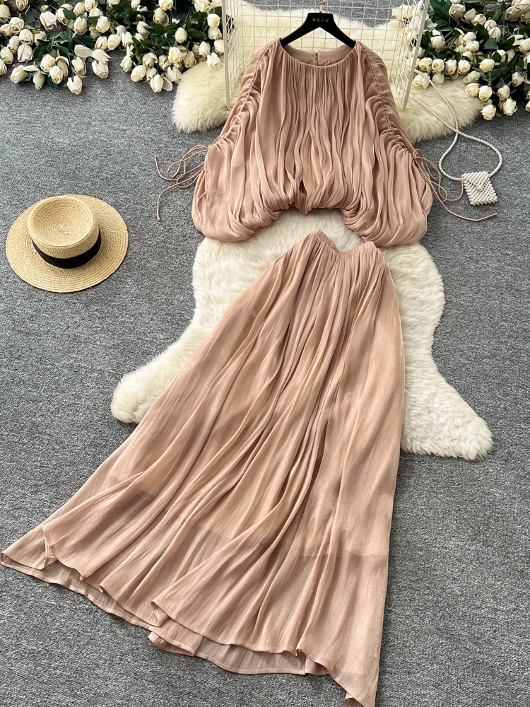 

Women's High Waist Pleated Shirt And Skirt Set Lantern Sleeve Blouse Autumn Fashion Korean Style Two Piece Outfit Casual Wear