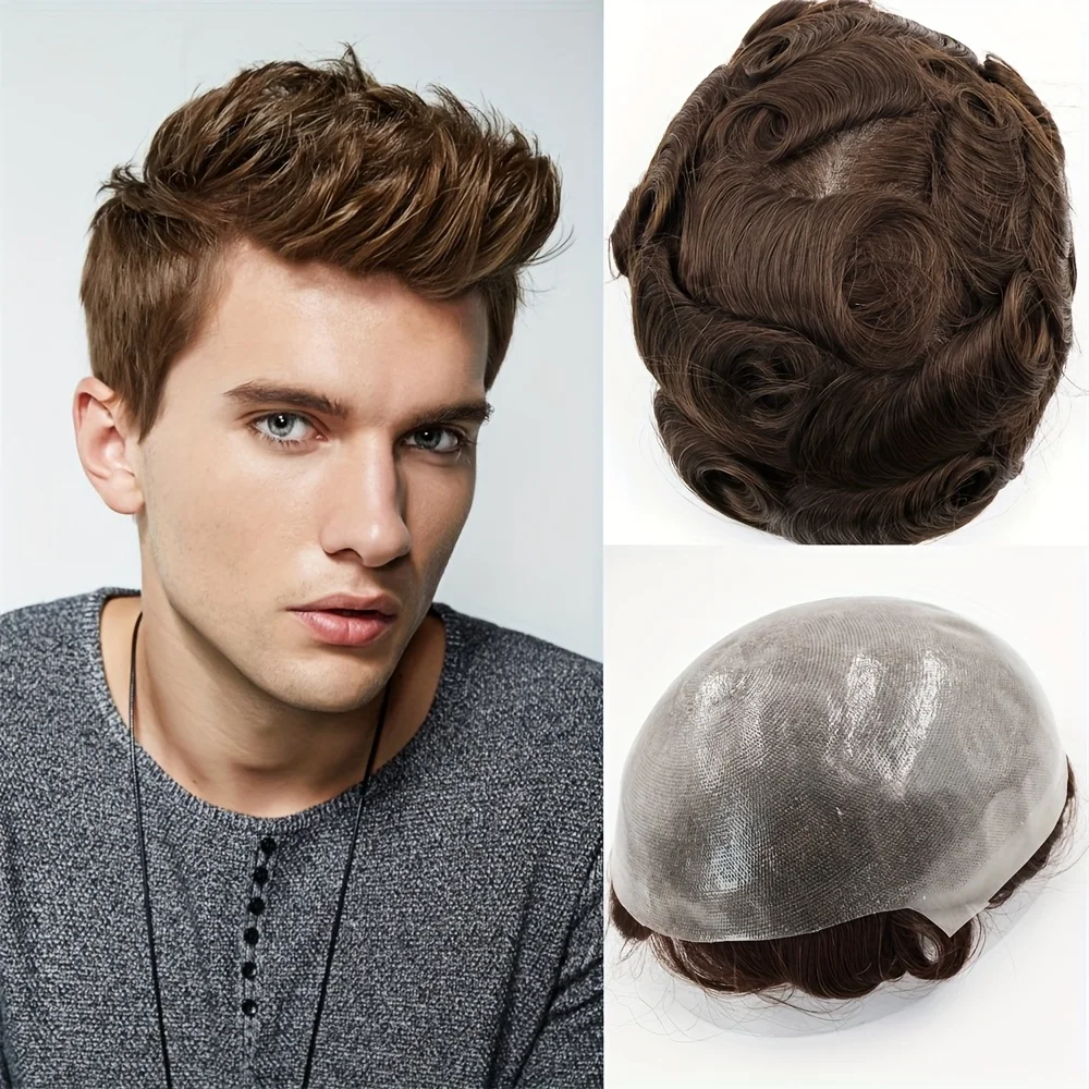

Brown Mens Toupee Full Poly Hairpiece All Skin 8x10 PU Base Human Hair Replacement System Wig Thin Invisible 100% Human Hair