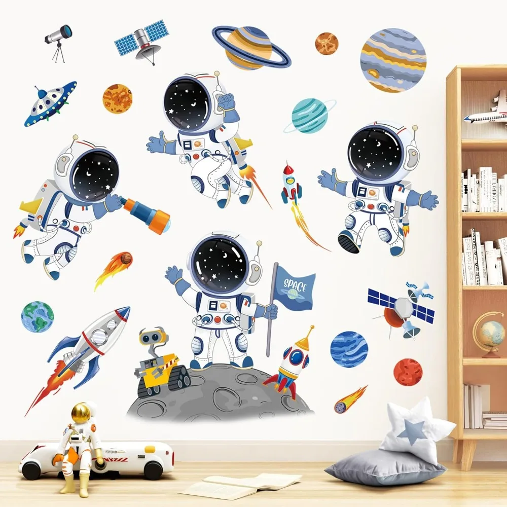 Cartoon Space Astronaut Wall Stickers Playroom Rocket Universe Space Planets Wall Decals Baby Nursery Boys Bedroom Decor