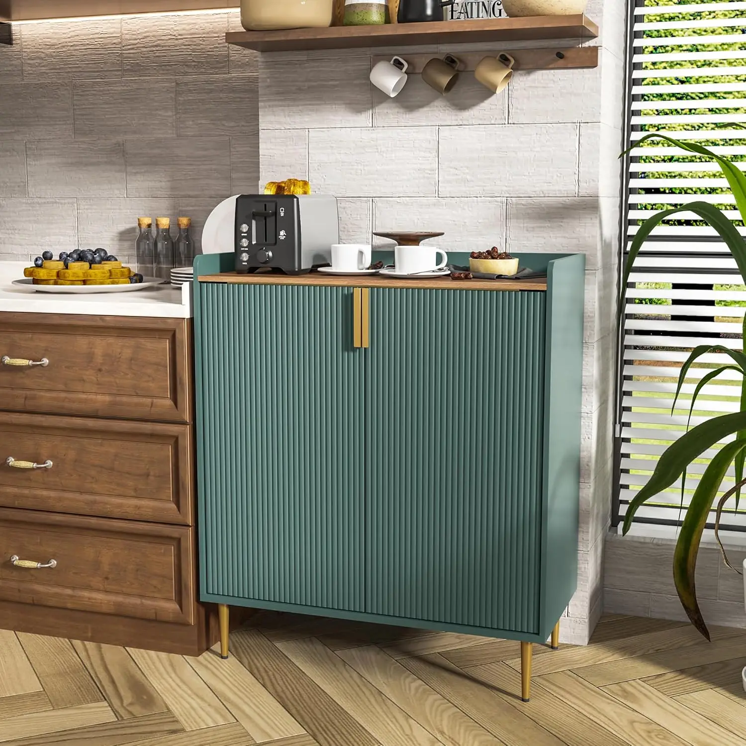 Coffee Bar Cabinet with Wine Racks, Green Liquor Cabinet with Fluted Texture, Modern Sideboard Buffet Cabinet for Kitchen Dining