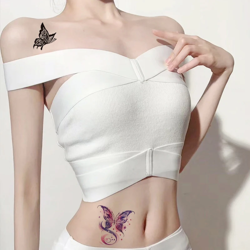 1 Sheet Black Flower Butterfly Temporary Tattoos For Women Men Wild Plant Fake Tattoo Sticker Adults Face Hands Body Art Tattoo