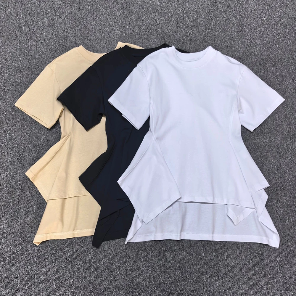 Women 100% Cotton Peplum T-shirt Short Sleeve O-neck Asymmetric Hem Casual Slim Fit Tee Tops White Black Beige 2026 New Y2k