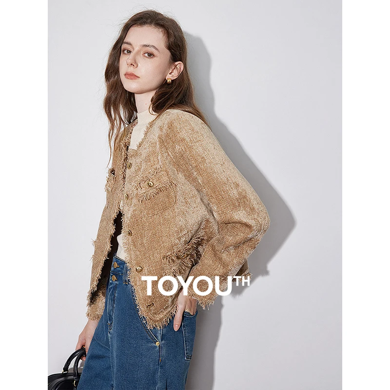 

TOYOUTH Women Outerwear Jacket 2024 Autumn New style Tassel Single Breasted Button Round Neck Office Lady Working Jacket Coat