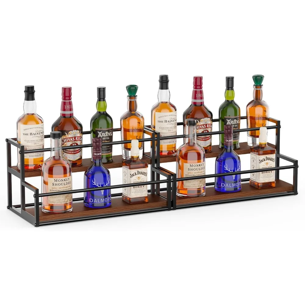 رف عرض زجاجات الخمور من طبقتين للبار والمطبخ - يحمل زجاجات النبيذ والويسكي مع منظم