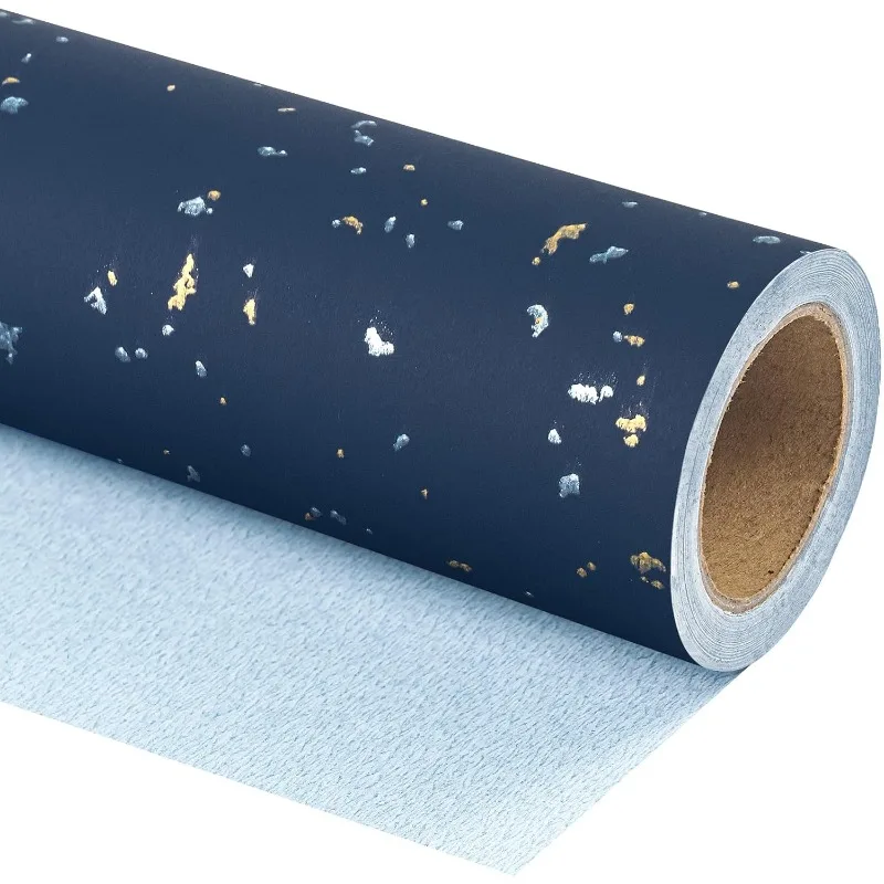 Navy Blue Gift Wrapping Paper Roll Mini Size 16.93x118.11 Inch Gold Foil Design Smooth Touch Tear Resistant Luxury Wrapping Pape