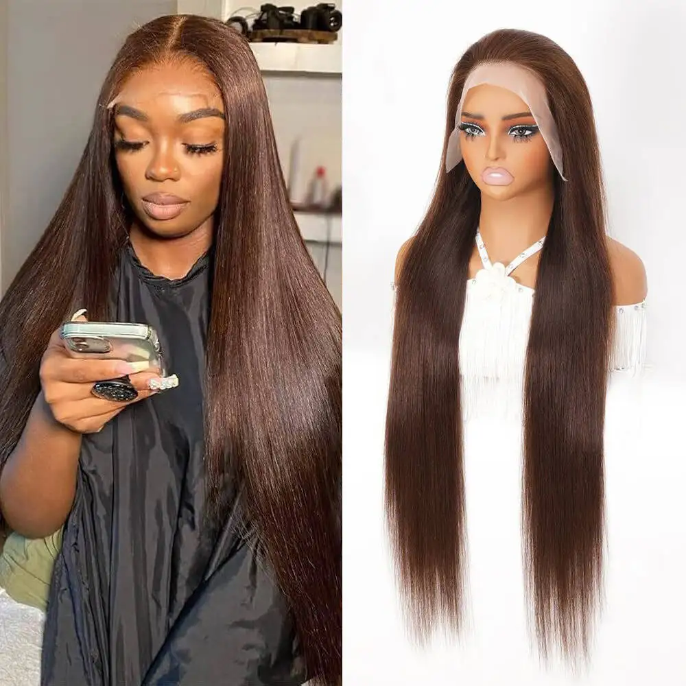 Wig Rambut Asli Bone Straight Lace Front # 4 Wig Rambut Asli Warna Cokelat Tua Lurus 13x4 Lace Front Wig Tanpa Lem