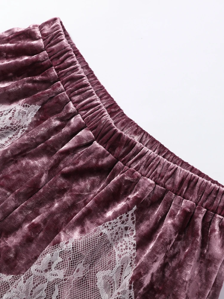 Women's Shorts Velvet Patchwork Lace See Hollow Out Irregular Hem Loose Shorts Charming Female Elastic High Waist Loungewear New