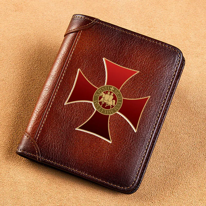 

High Quality Genuine Leather Men Wallets Knights Templar Cross Cover Short Card Holder Purse Luxury Brand Male Wallet