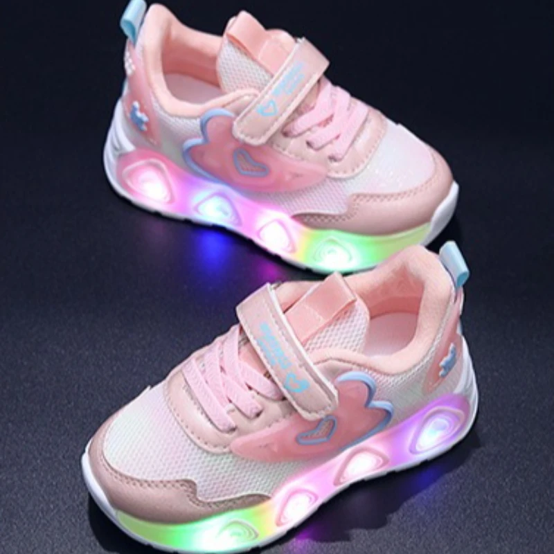 2026 Spring New LED Kids Sports Shoes Comfort Breathable Girls' Mesh Shoes Simple Versatile Boys' Thick Bottom Casual Shoes