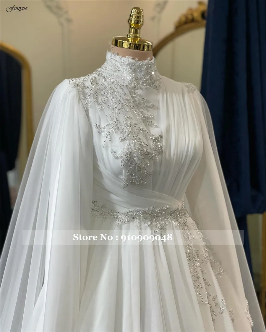 Funyue Vestido De Noiva 2024 Delicate Chiffon with Beading Plus Size Wedding Dresses for Bride Tulle Cape Muslim Bridal Gown