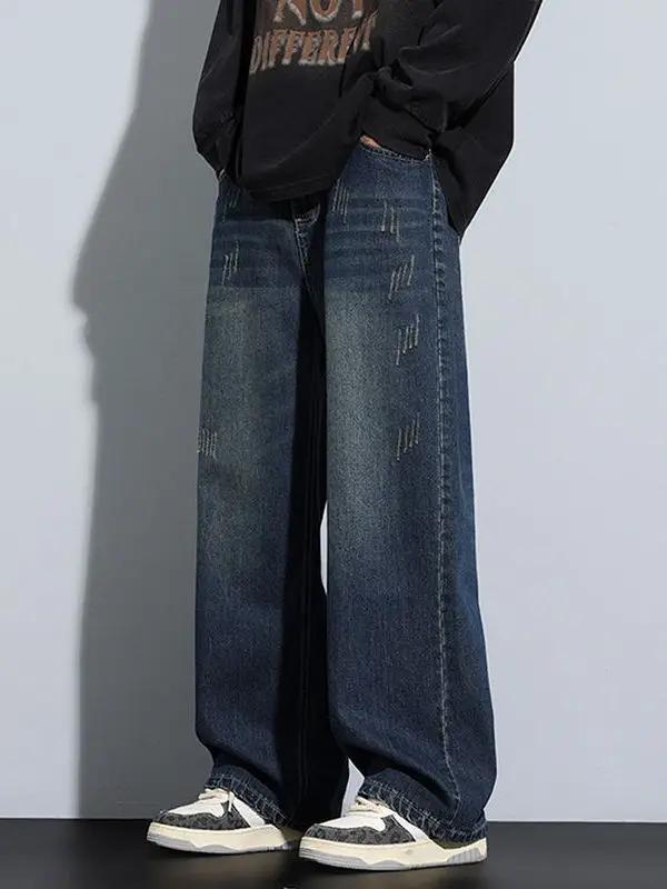 

Retro Straight Leg Men's Jeans Spring New Loose Washed American Style Casual Wide Leg Pants High Street Fashion for Teens