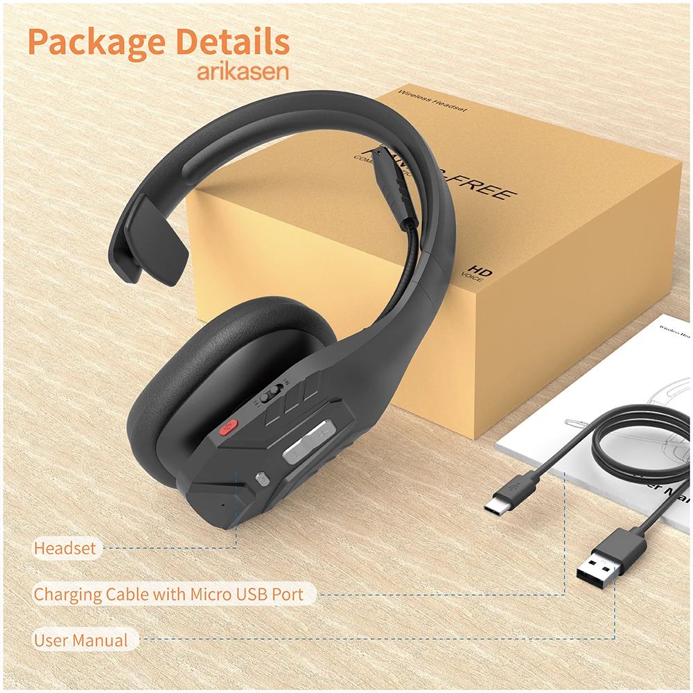 Trucker-Bluetooth-Headset mit dreifacher Mikrofon-Geräuschunterdrückung, Stummschalttaste, 65 Stunden Akkulaufzeit, kabelloses Headset für LKW-Fahrer, Büronutzung – Detail 2