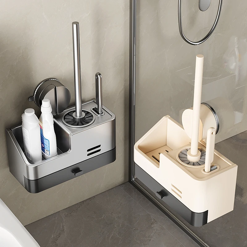 Wall-Mounted Bathroom Storage Rack With Suction Cup Toilet Brush No Drilling Required - New Toilet Brush For Spotless Cleaning