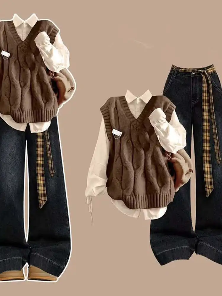 

Осень-зима 202, женский комплект футболок для колледжа, джинсовые брюки Dstring irt, жилет кофейного цвета, маленький размер, студенческий фа...