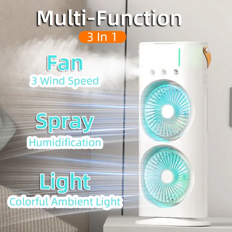 

Mini Double Headed Ice Mist Electric Fan USB Rechargeable Home Room Desktop Portable Wireless Camping Air Cooler Circulator