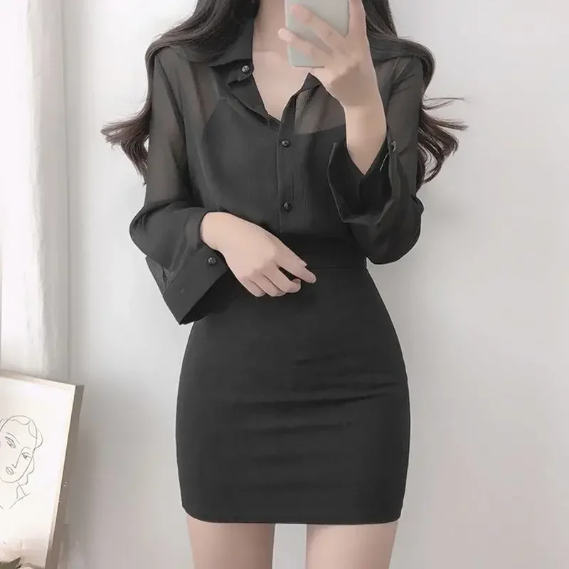 Frühling Sommer Büro Dame koreanische Mode Langarmhemd weibliche Knöpfe feste Frauen Polo-Ausschnitt elegante Strickjacke Bluse lu219