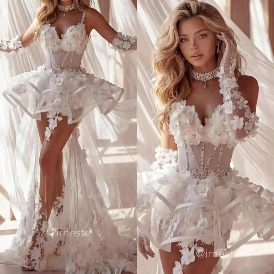 Graceful Customized Mini Wedding Dress With Spaghetti Strap Appliques Pearls Beaded Full Sleeve Princess Vestidos De Novia